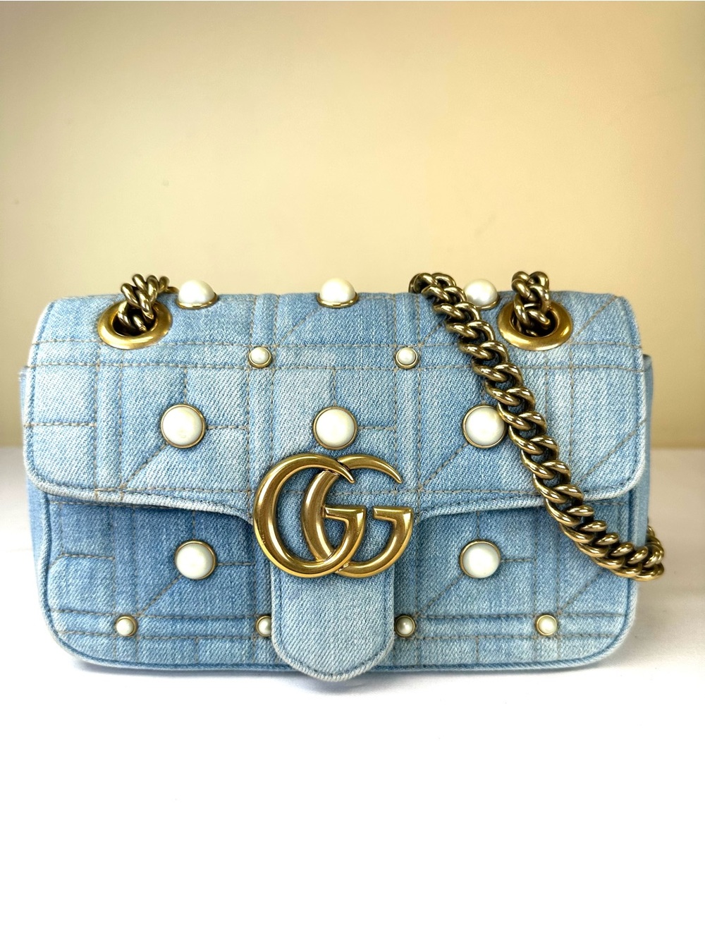 Gucci Denim Matelasse Pearl Studded Mini GG Marmont Blue Limited Edition GHW COA